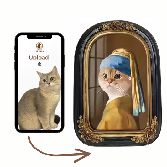 Custom vintage style pet portrait process: Upload your cat photo to create a European framed art print.