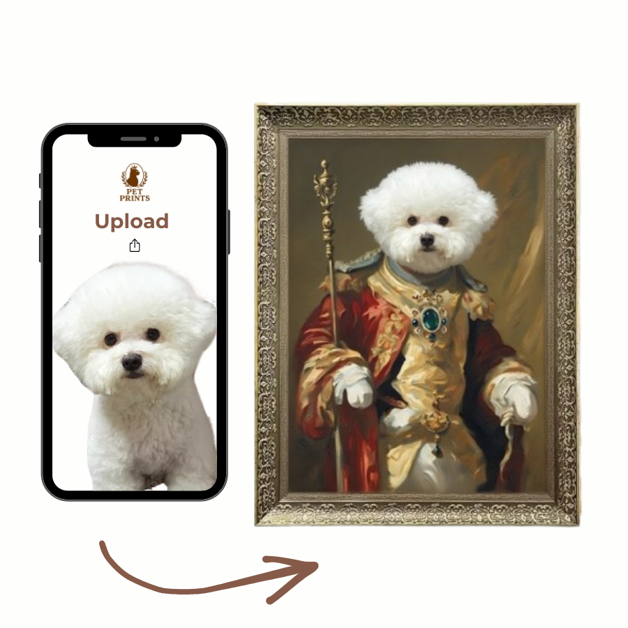 Custom pet portrait created from uploaded pet photo, shown side by side with digital upload screen and framed vintage painting.