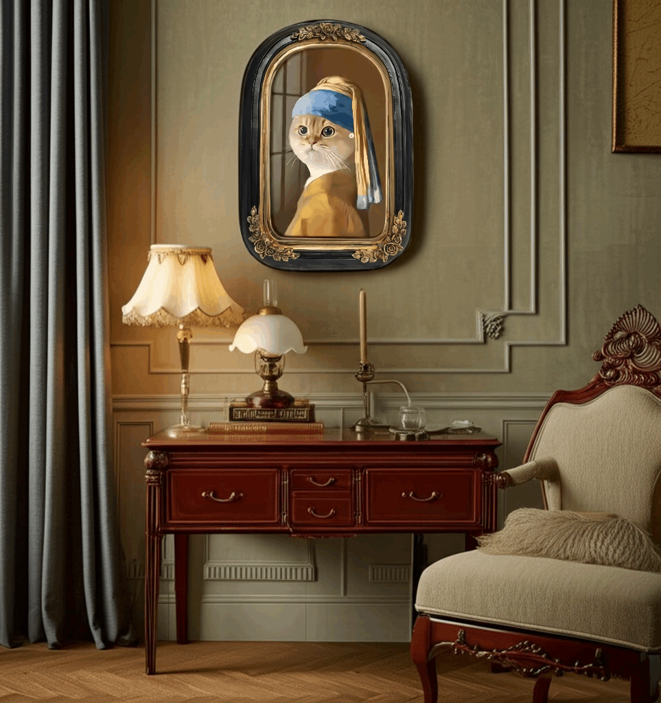 Elegant vintage style custom cat portrait on canvas in European dark gold-trimmed frame, inspired by 'Girl with a Pearl Earring