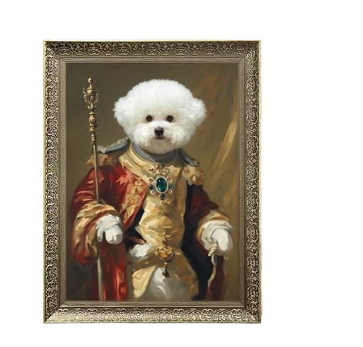 Detailed close-up of gold carved PS frame used in custom pet portrait canvas print, showing classical vintage ornamentation.