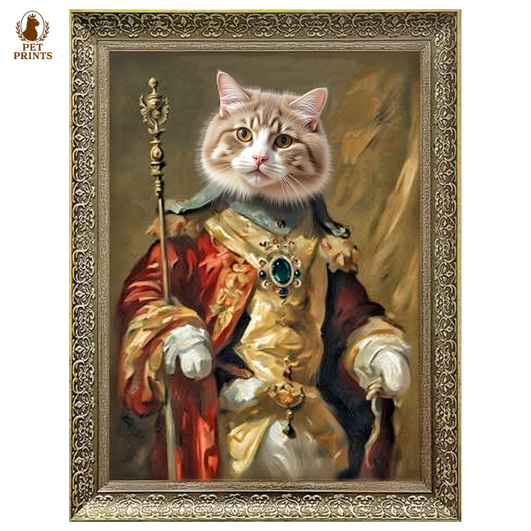 Detailed close-up of platinum-gold carved PS frame used in custom pet portrait canvas print, showing classical vintage ornamentation.