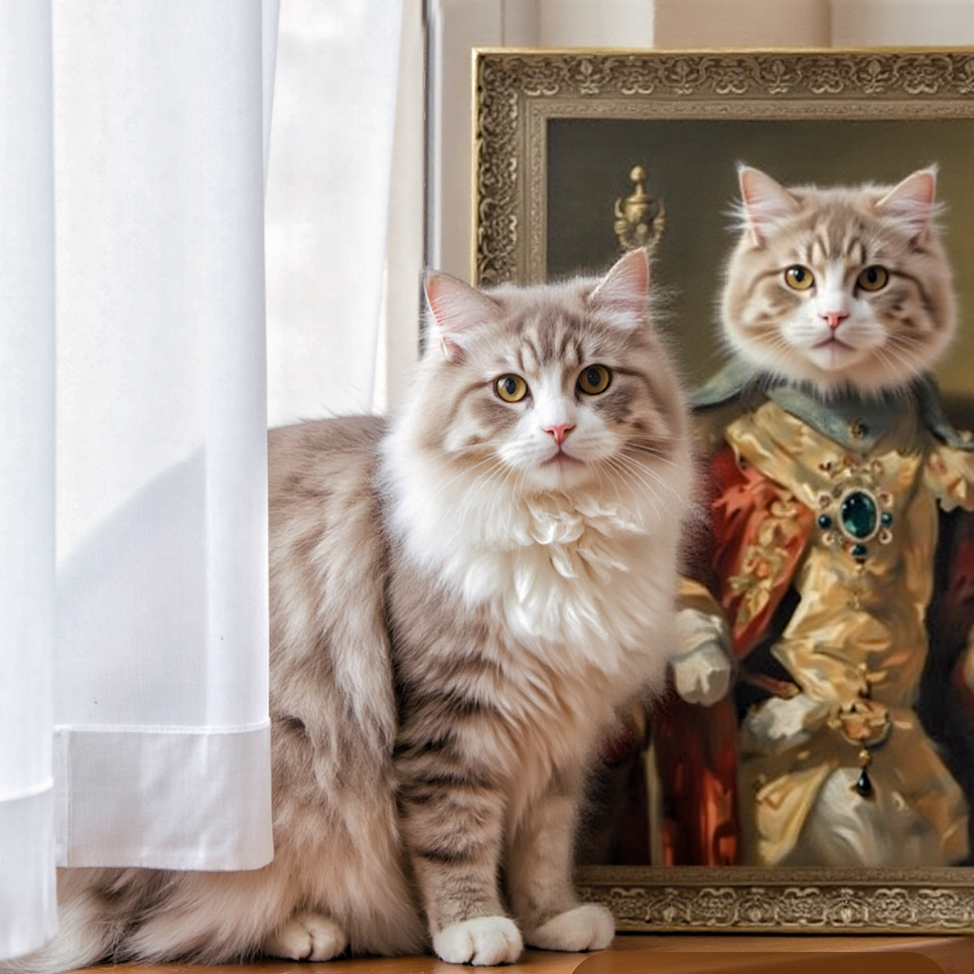 Happy customer photo of a real cat sitting next to his custom vintage-style pet portrait framed on the wall.