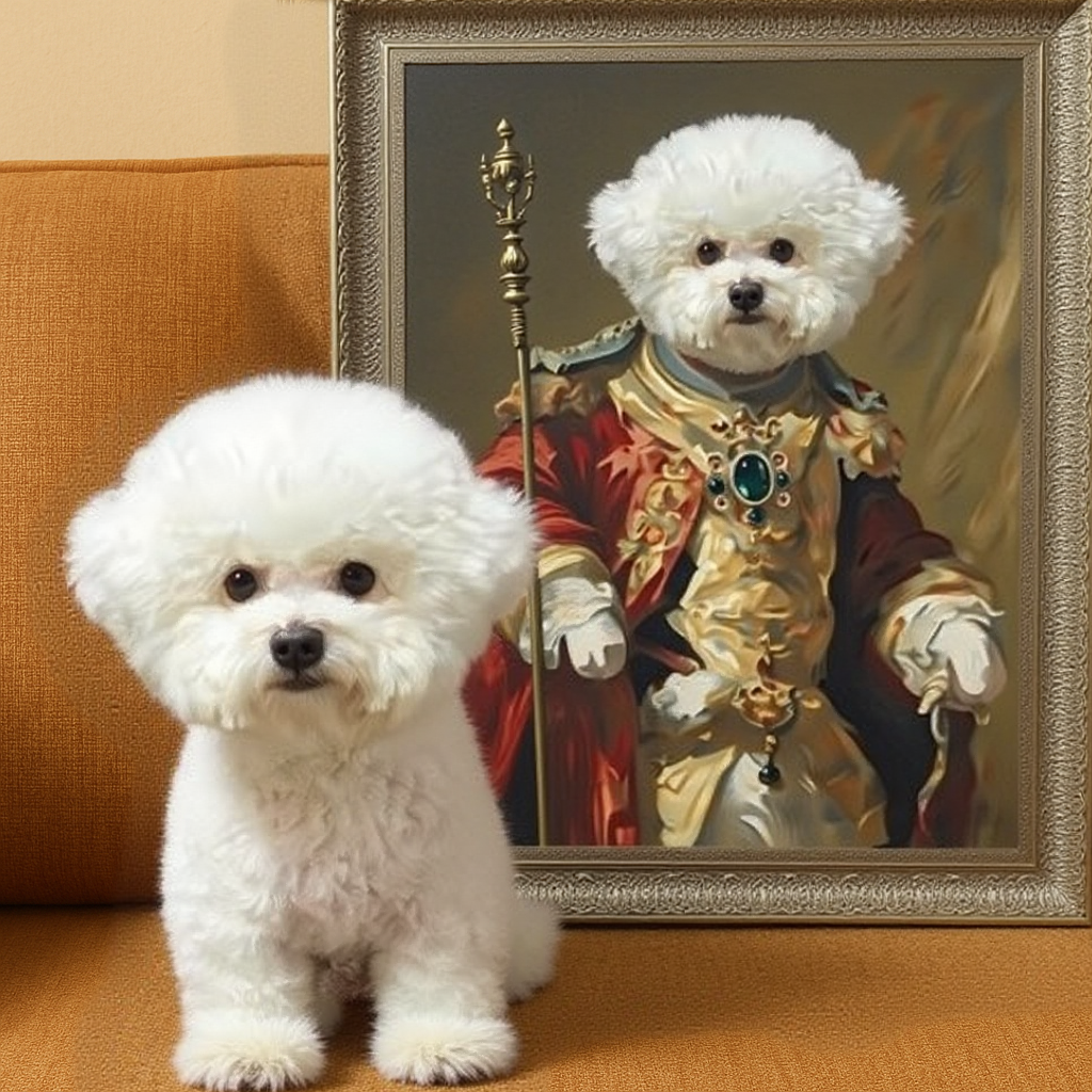 Happy customer photo of a real dog sitting next to his custom vintage-style pet portrait.