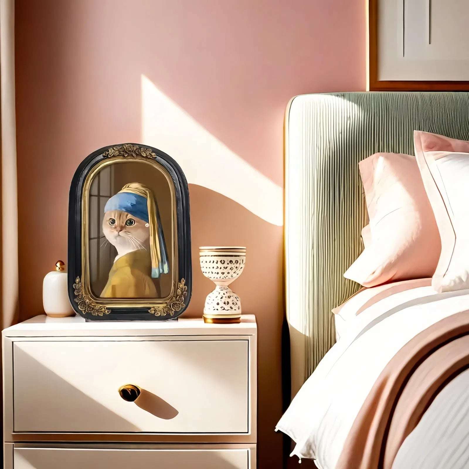 Elegant European framed vintage cat portrait inspired by 'Girl with a Pearl Earring' on a bedside table.
