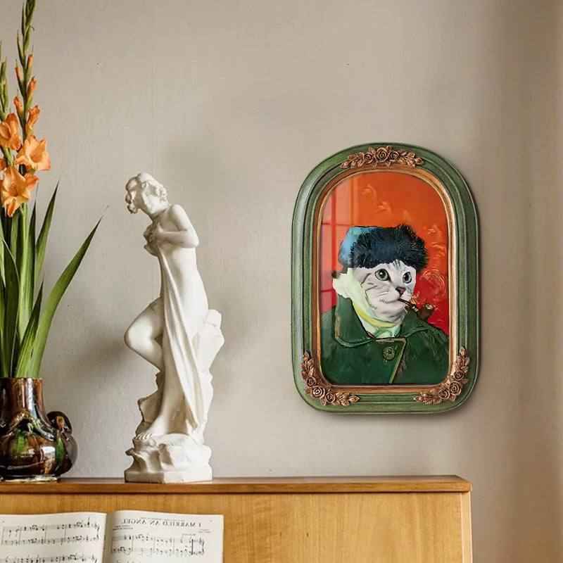 Vintage style custom cat portrait on canvas with ornate European green frame, mimicking a classic oil painting.