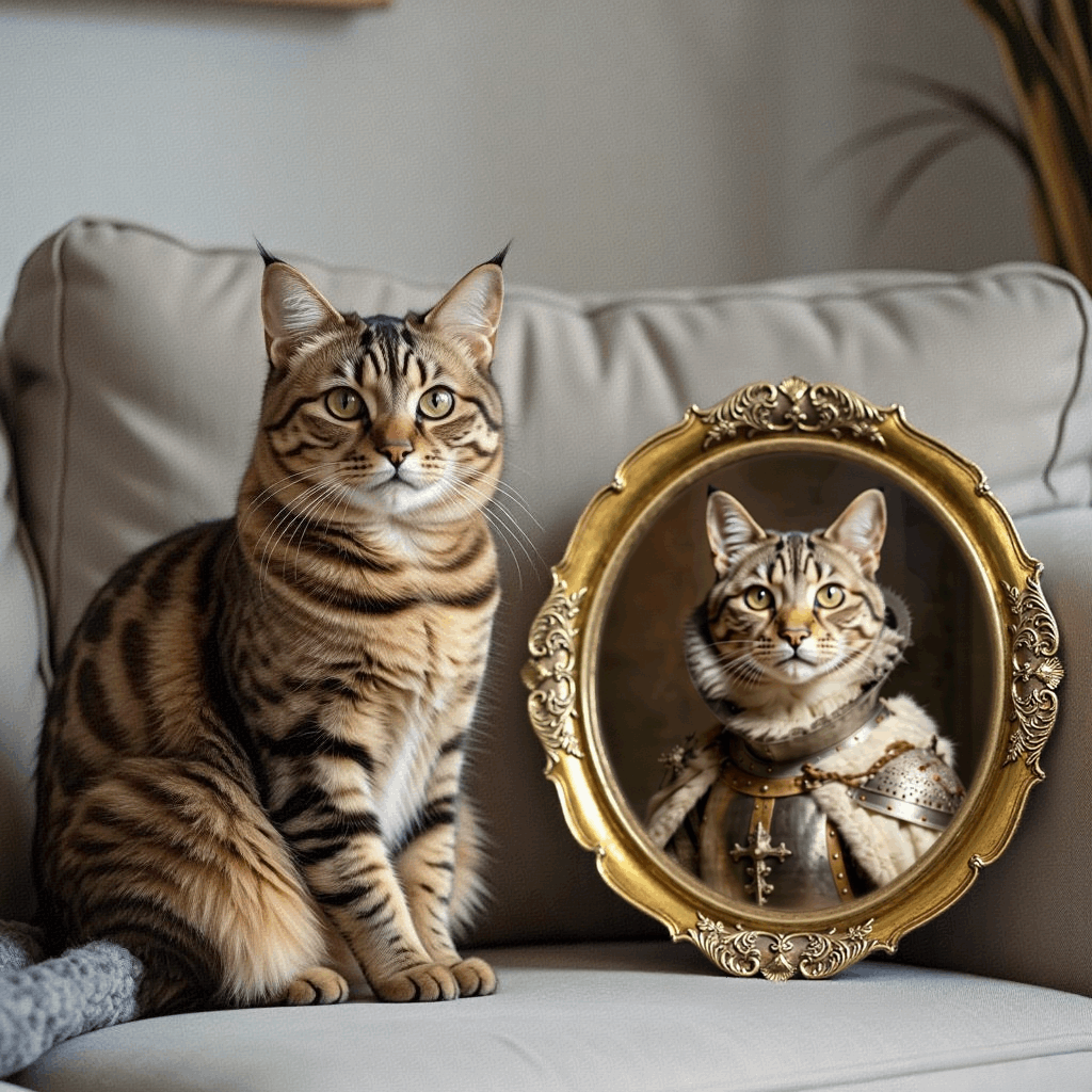 Vintage style custom cat portrait as a knight in a European ornate gold frame, next to the real cat.