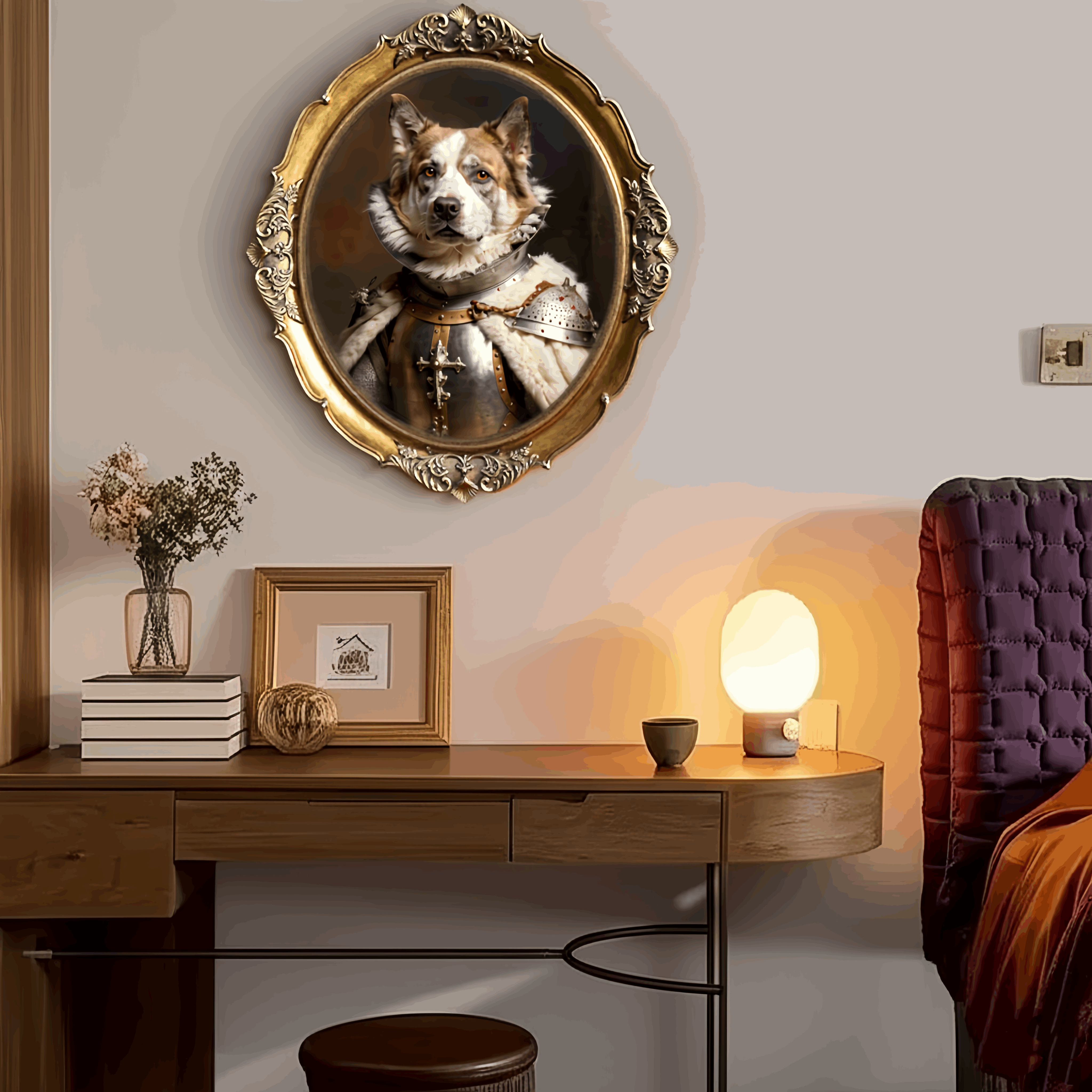 Vintage style custom dog portrait as a knight in a European gold frame, displayed as unique wall decor above a bedside table.