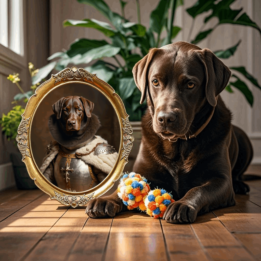 Vintage style custom Labrador portrait as a knight in a European ornate gold frame, next to the real dog with toys.