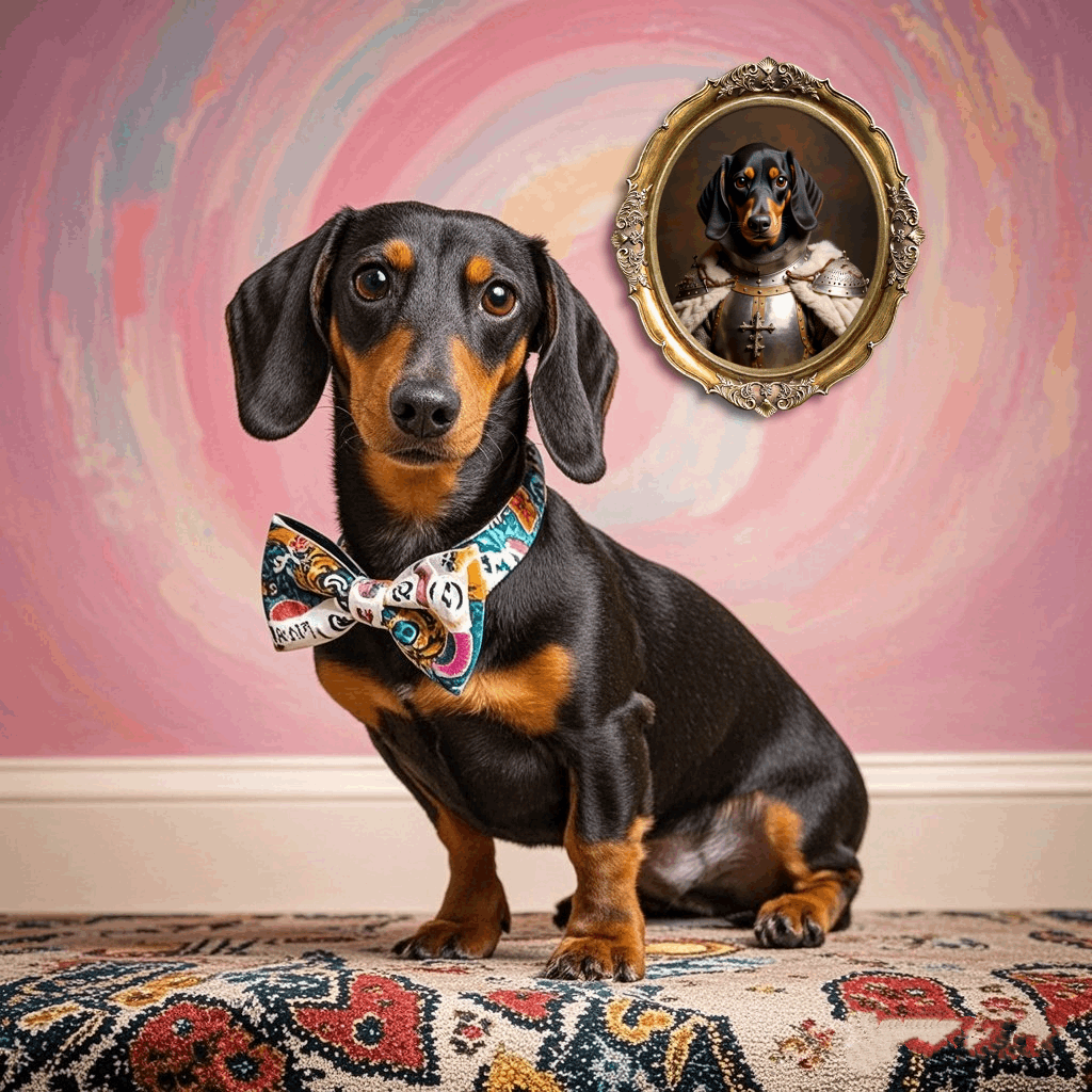 Vintage style custom dachshund portrait as a noble in a European ornate gold frame.