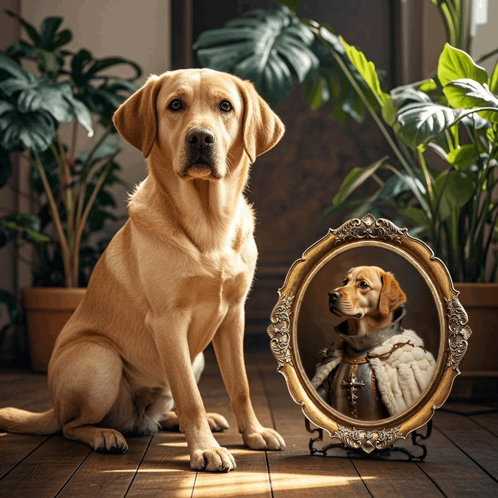 Vintage style custom yellow Labrador portrait as a noble in a European ornate gold frame.